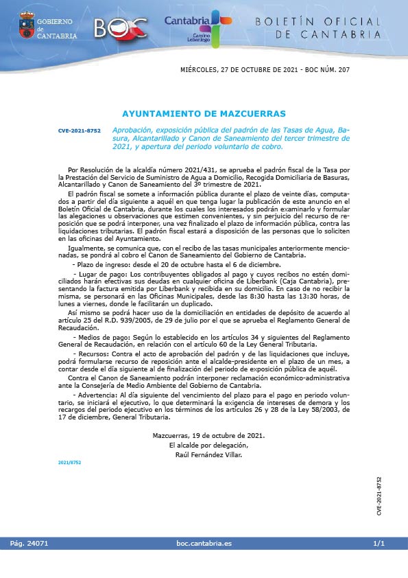 Exposicion publica del padron de Agua Basura Alcantarillado y Canon de Saneamiento del 3T 2021